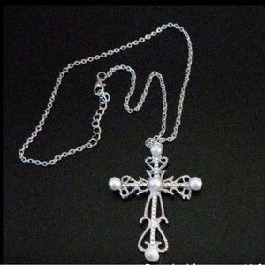 Silver Cross with Simulated Pearls & Cubic Zirconia on 24-in Snake Chain (.925)